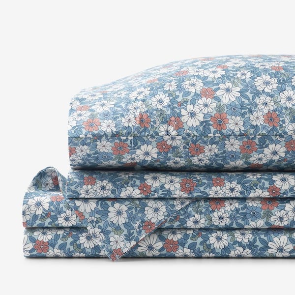 Company Cotton Julienne 4-Piece Floral Blue Cotton Percale Full Sheet Set