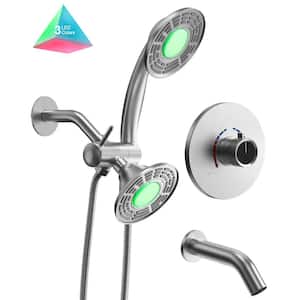 Smart LED Grain Dual Showers 5 in. 3-Spray Wall Mount Shower Faucet 2.5 GPM with Valve and Tub Spout in Brushed Nickel