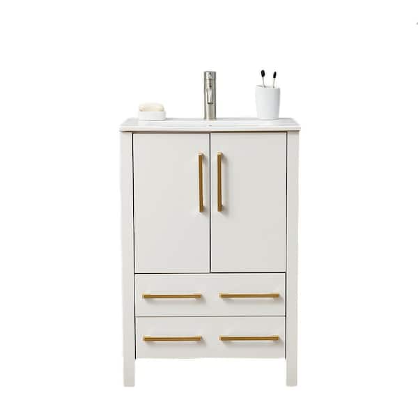 VC CUCINE 24 in. W x 18 in. D x 35 in. H Modern 2-Doors and 2-Drawers Bathroom Vanity in White with White Ceramic Basin