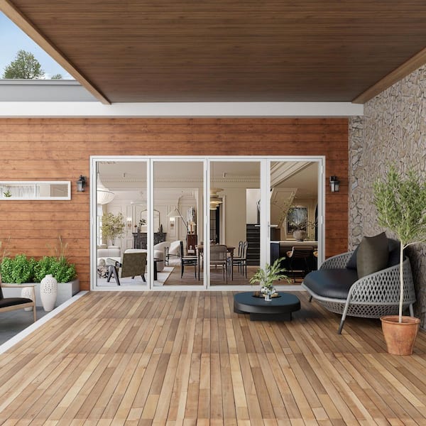 144 in. x 96 in. Right Swing/Outswing Double Tempered Glass White Aluminum Folding Patio Door