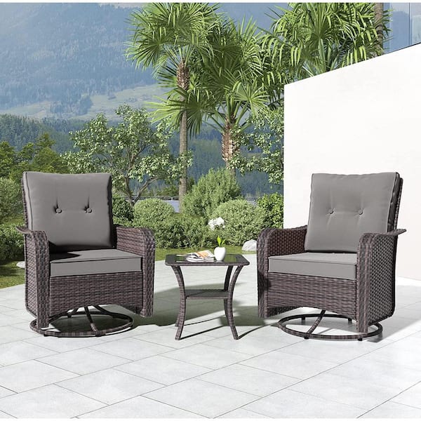 Halmuz 3-Piece Wicker Outdoor Rocking Chair with Cushion Grey