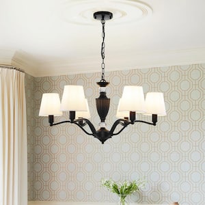 6-Light Wrought Iron Medieval Chandelier for Dining Living Room Pendant Light in Black with White Fabric Shade