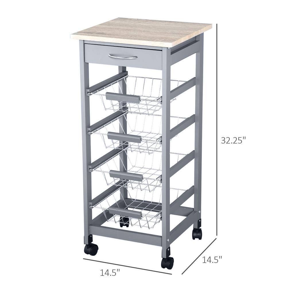 Gray Wooden Rolling Kitchen Cart with Storage Drawer and Baskets