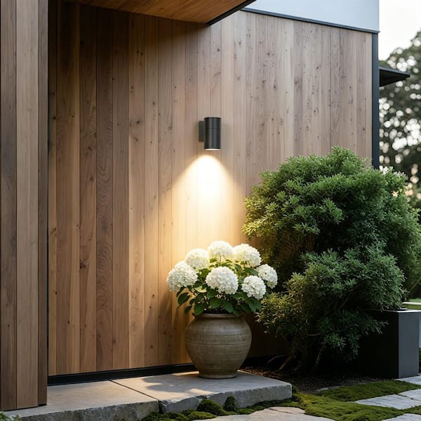 Modern Small 6.5 in. Black Cylinder Outdoor Wall Lantern Sconce with Downlight and Glass Shade for Garage, Porch, Patio