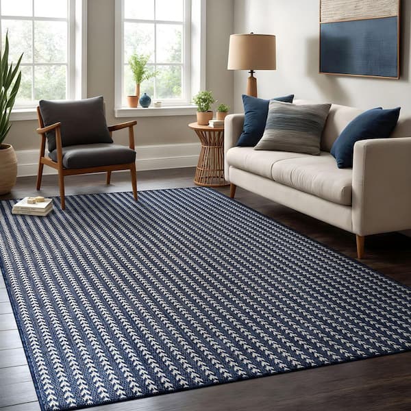 Arrow Navy 6 ft. x 9 ft. Chevron Striped Washable Indoor Outdoor Area Rug