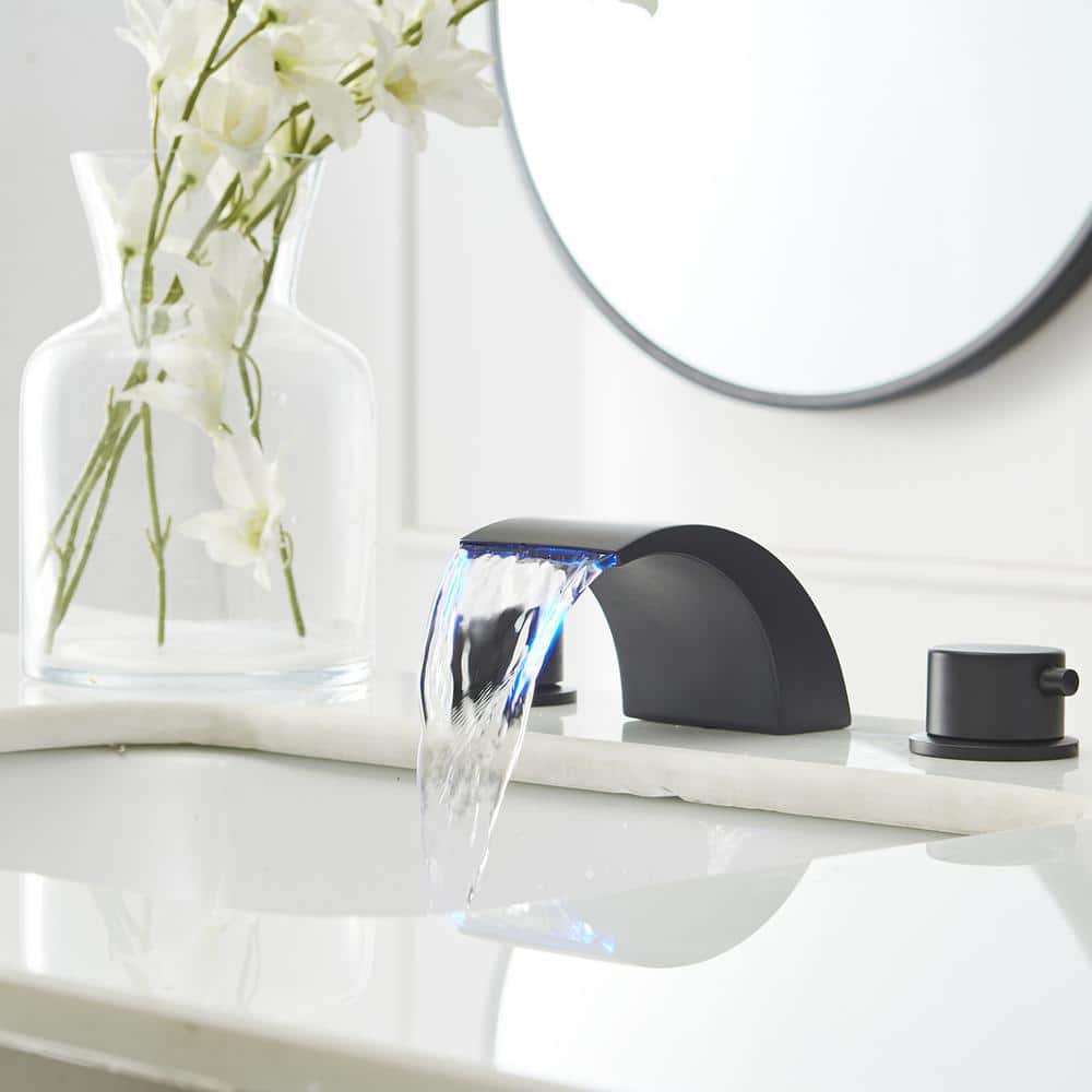 Matte Black Widespread Bathroom Faucet with LED Light and Pop Up Drain