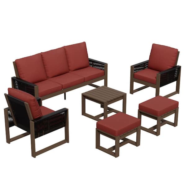 6-Piece Wood Outdoor Patio Conversation Set with Lounge Chairs, Outdoor Sofa Seating Set with Red Cushions