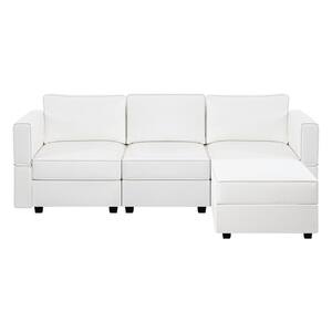 87.01 in. W Linen Sofa with Ottoman Streamlined Comfort for Your Sectional Sofa in White