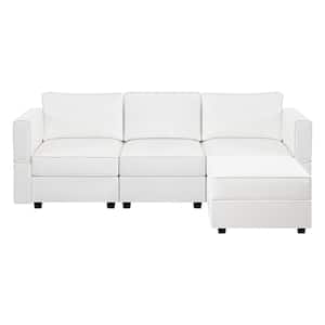 87.01 in. W White Faux Leather 1 Piece Sectional Sofa with Storage and Ottoman 3 Seater Living Room Suite