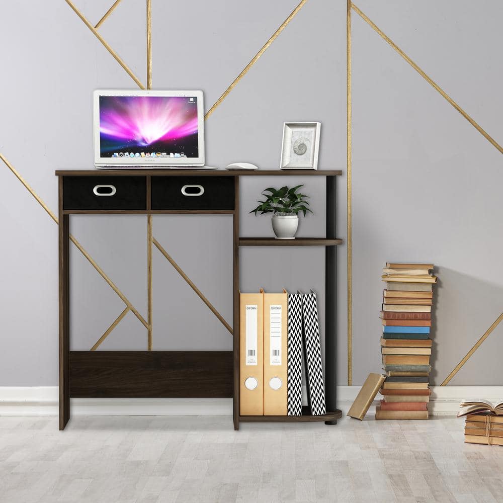 Compact Columbia Walnut and Black Wood Computer Desk with Dual Drawers