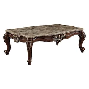 Mehadi 58 in. Marble Top and Walnut Rectangle Marble Top Coffee Table