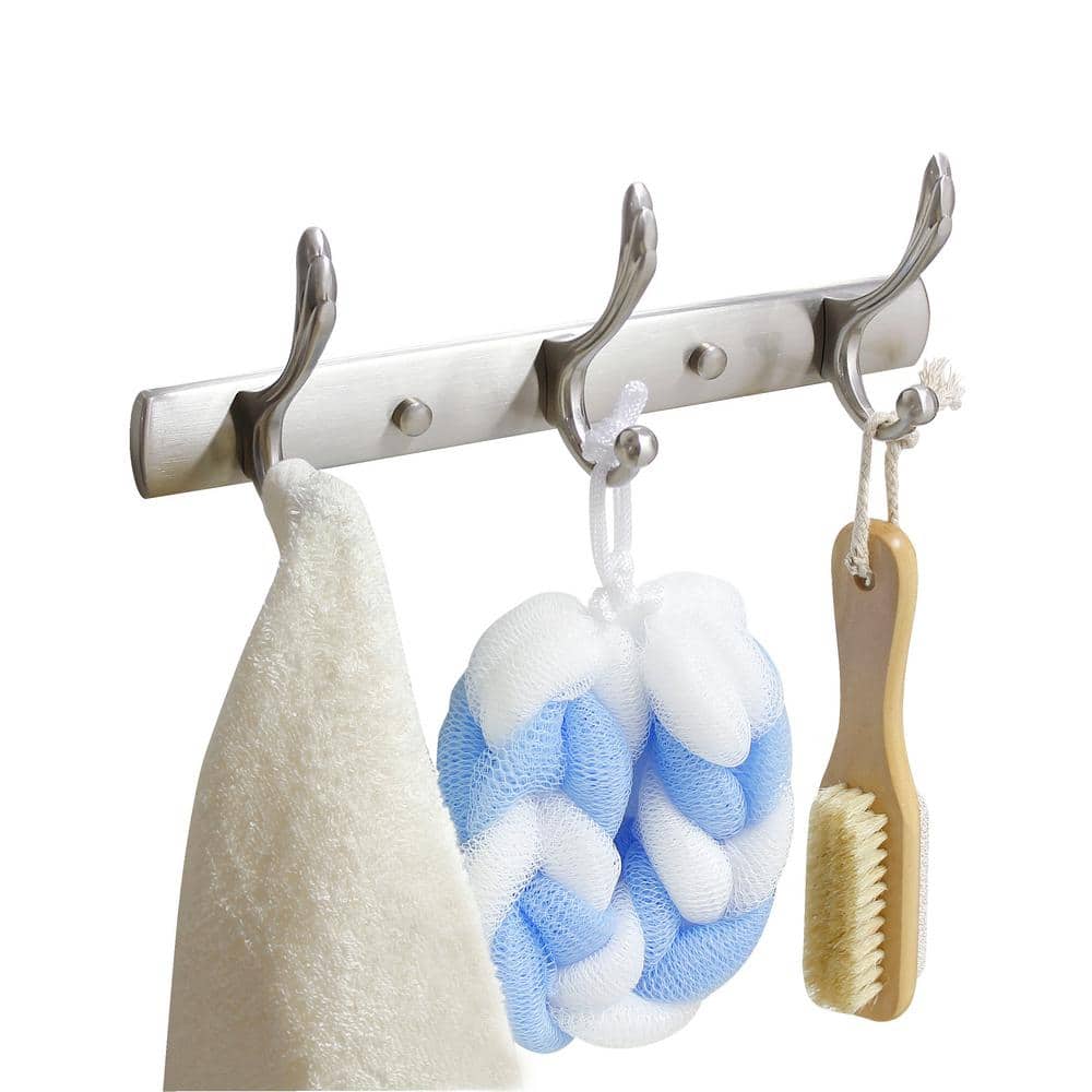 Satin Nickel Triple J-Hook Wall Mounted Towel Rack