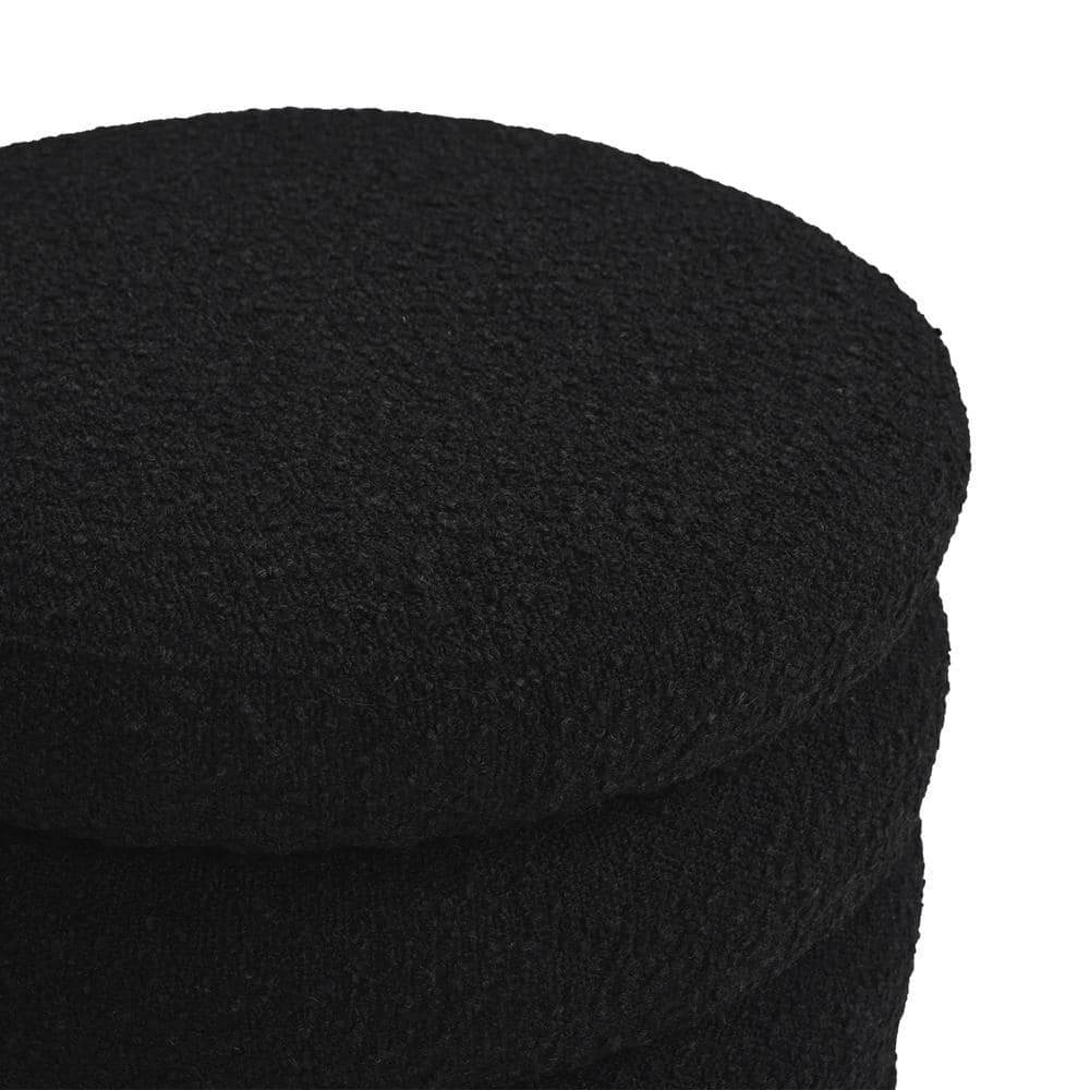 Ebony Black Boucle Round Storage Ottoman with Gathered Embellishment
