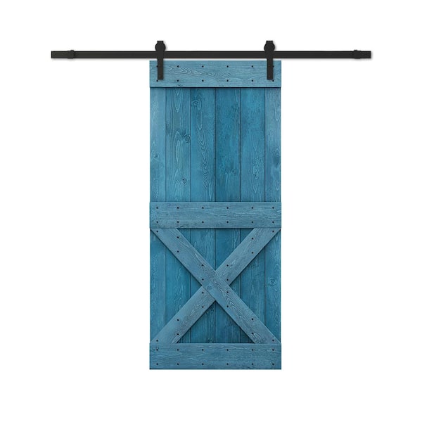 CALHOME 26 in. x 84 in. Mini Ocean Blue Stained DIY Wood Interior Sliding Barn Door with Hardware Kit