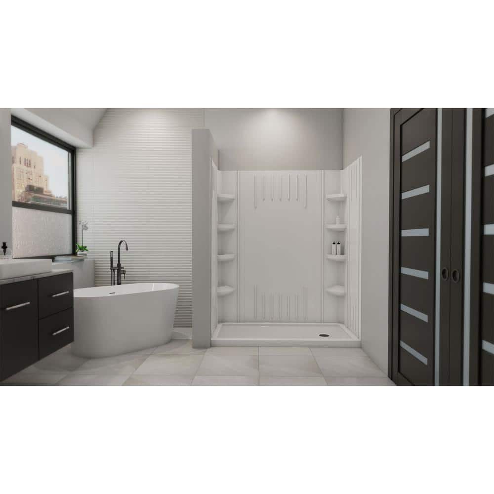 White Acrylic Square Alcove Shower Kit with Shelves