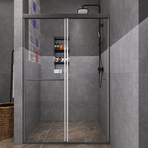 Unbranded 48 in. W x 72 in. H Double Sliding Framed Shower Door in Black Finish with Clear Glass
