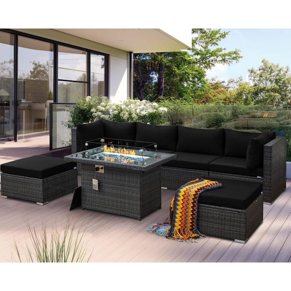 Luxury 7-Piece Charcoal Wicker Patio Fire Pit Outdoor Sectional Deep Seating Sofa Set with Black Cushions