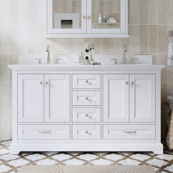 60 in. Freestanding Solid Wood White Bath Vanity with White Cultured Marble Top Assembled, Soft-close Door and Drawer