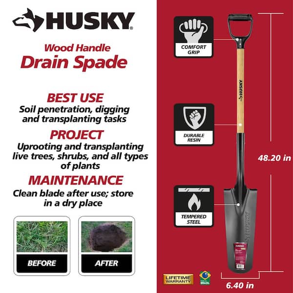 Husky 28 in. Wood Handle D-Grip Carbon Steel Drain Spade 77444-944