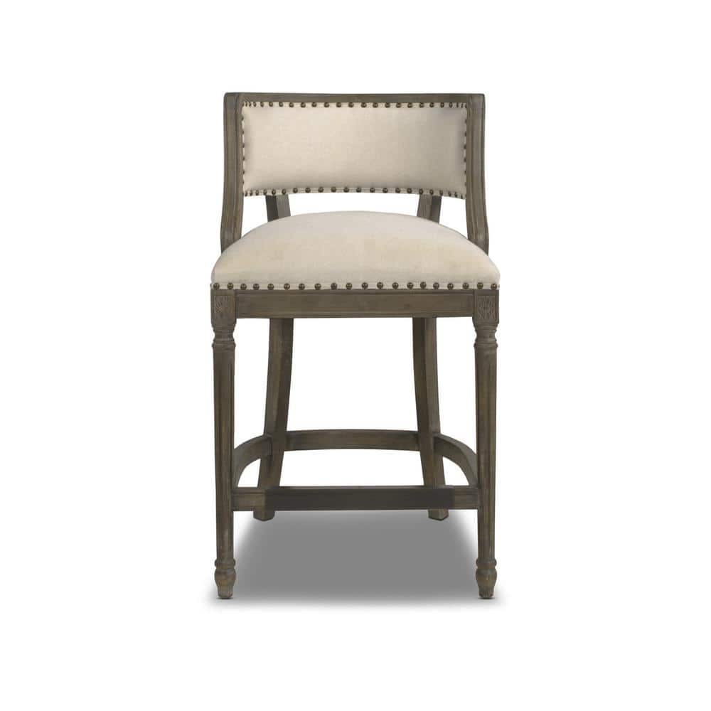 Elegant Light Beige Leather-Wrapped Bar Stool with Brass Accents
