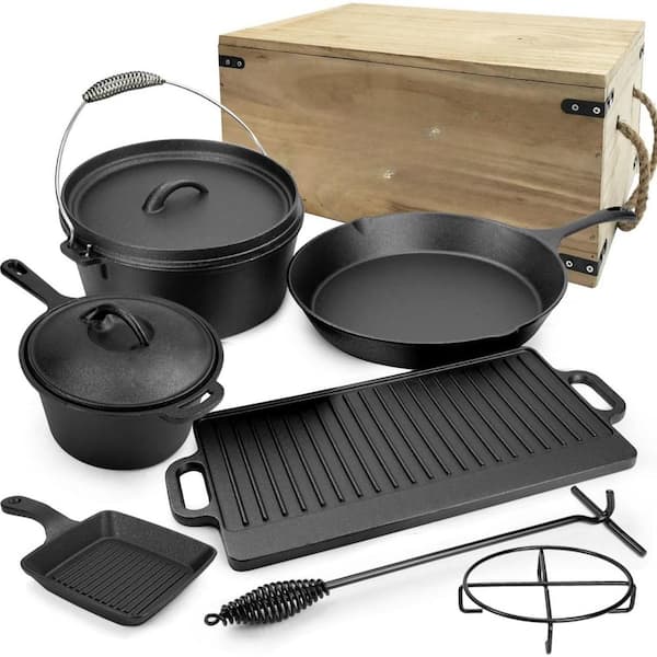 8 Piece Cast Iron Set Pre-Seasoned Cookware for Camping Kitchen with Skillets Bakeware Square Grill Pan