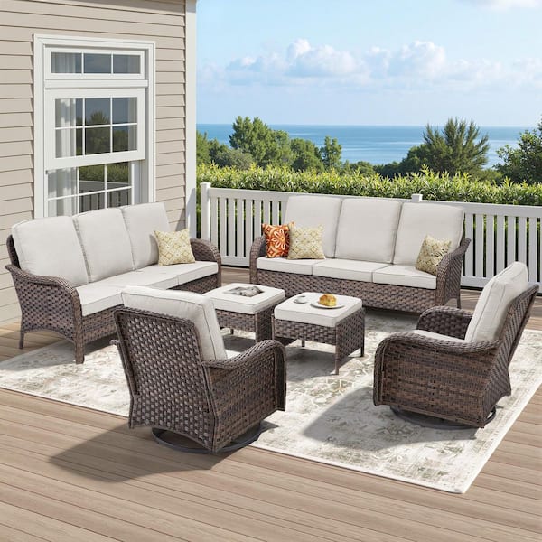 6-Piece Wicker Swivel Patio Conversation Set, 2-Sofa, Swivel Chairs, Footstools with Beige Cushions