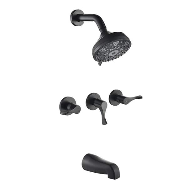 Triple Handle 6-Spray Wall Mount Tub and Shower Faucet 1.8 GPM Brass 5 Inch Shower System in Matte Black Valve Included