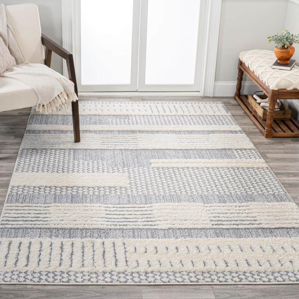 Gray and Cream Abstract Geometric 4' x 6' Shag Area Rug