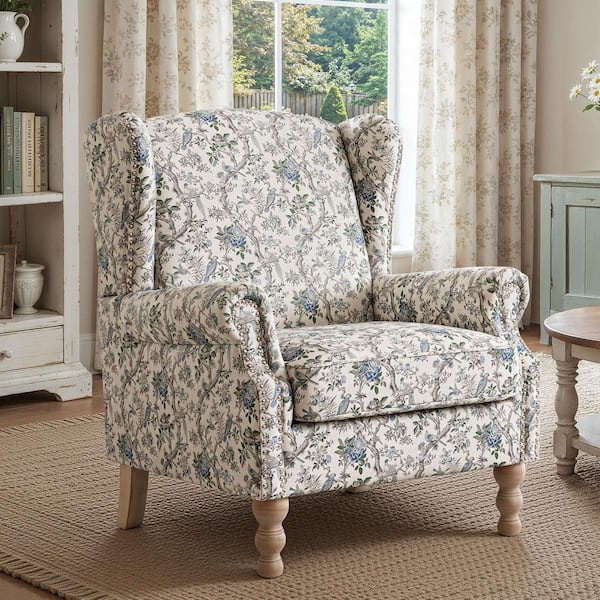 OrangeOne Blue Floral Bird Print Linen Wingback Chair (Set of 1) with ...