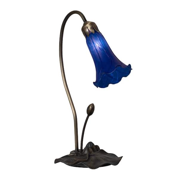 Pond Lily 16 in. Mahogany Bronze Novelty Victorian Mini Table Lamp with Blue Glass Shade