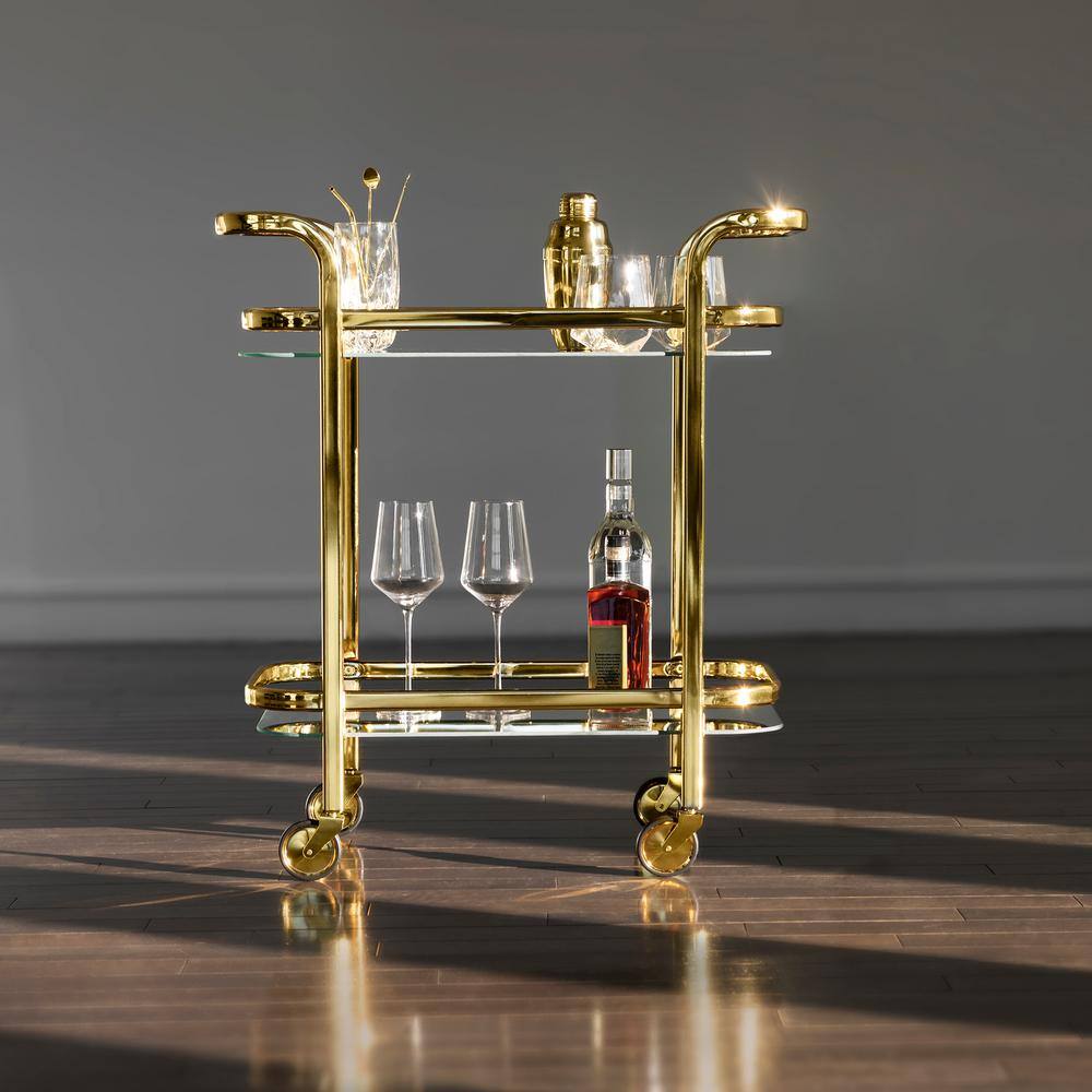 Belmont Polished Gold Stainless Steel Bar Cart with Glass Shelves