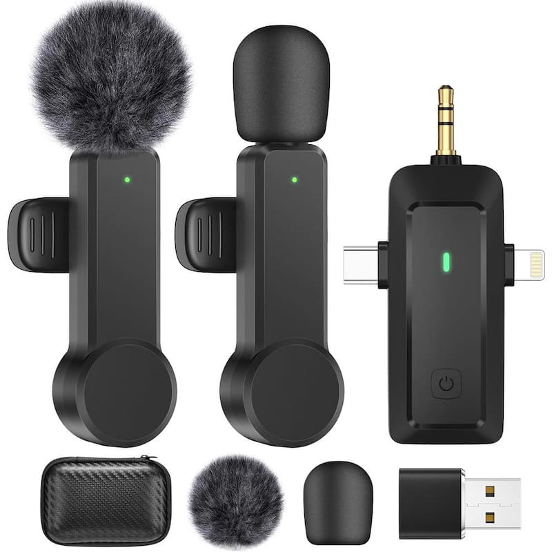 Professional Clear Sound Quality Wireless Lavalier Microphone for iPhone/Android/Camera - Cordless Lapel Mics in Black