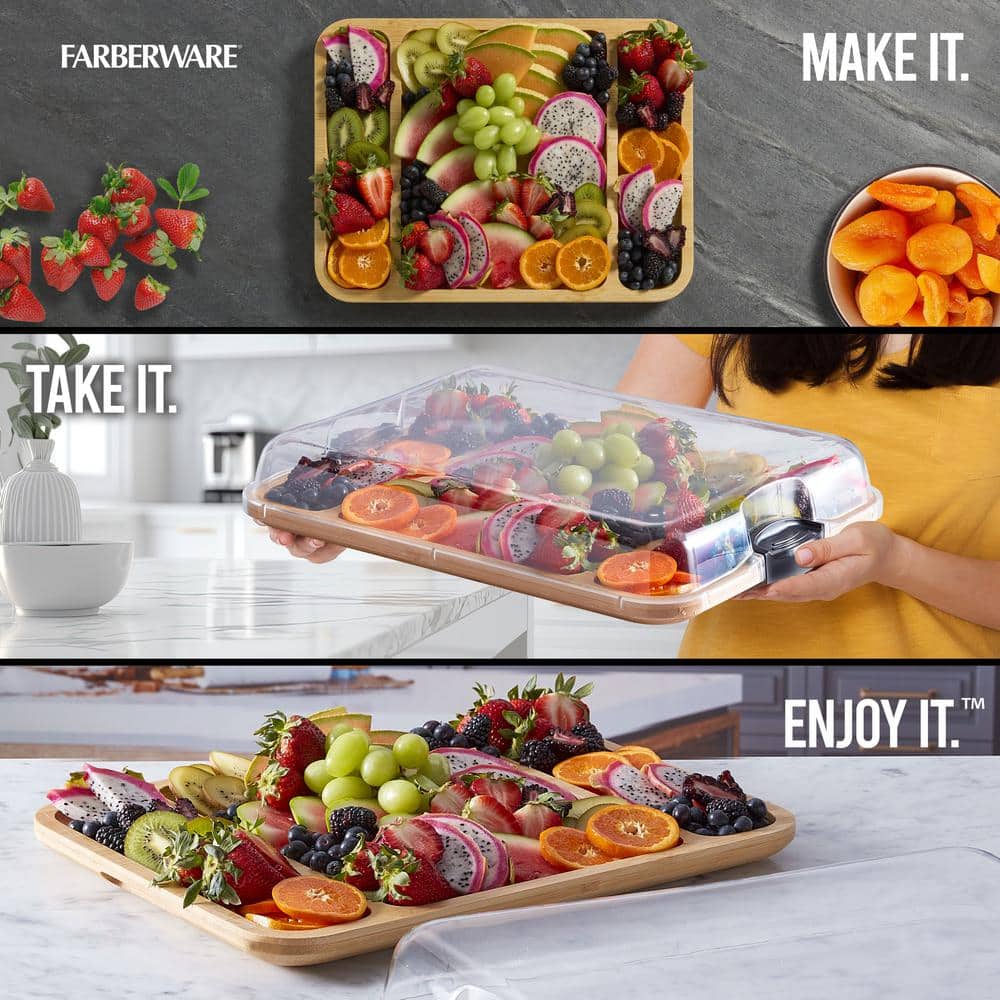 Bamboo Charcuterie Board with Clear Locking Lid and Compartments