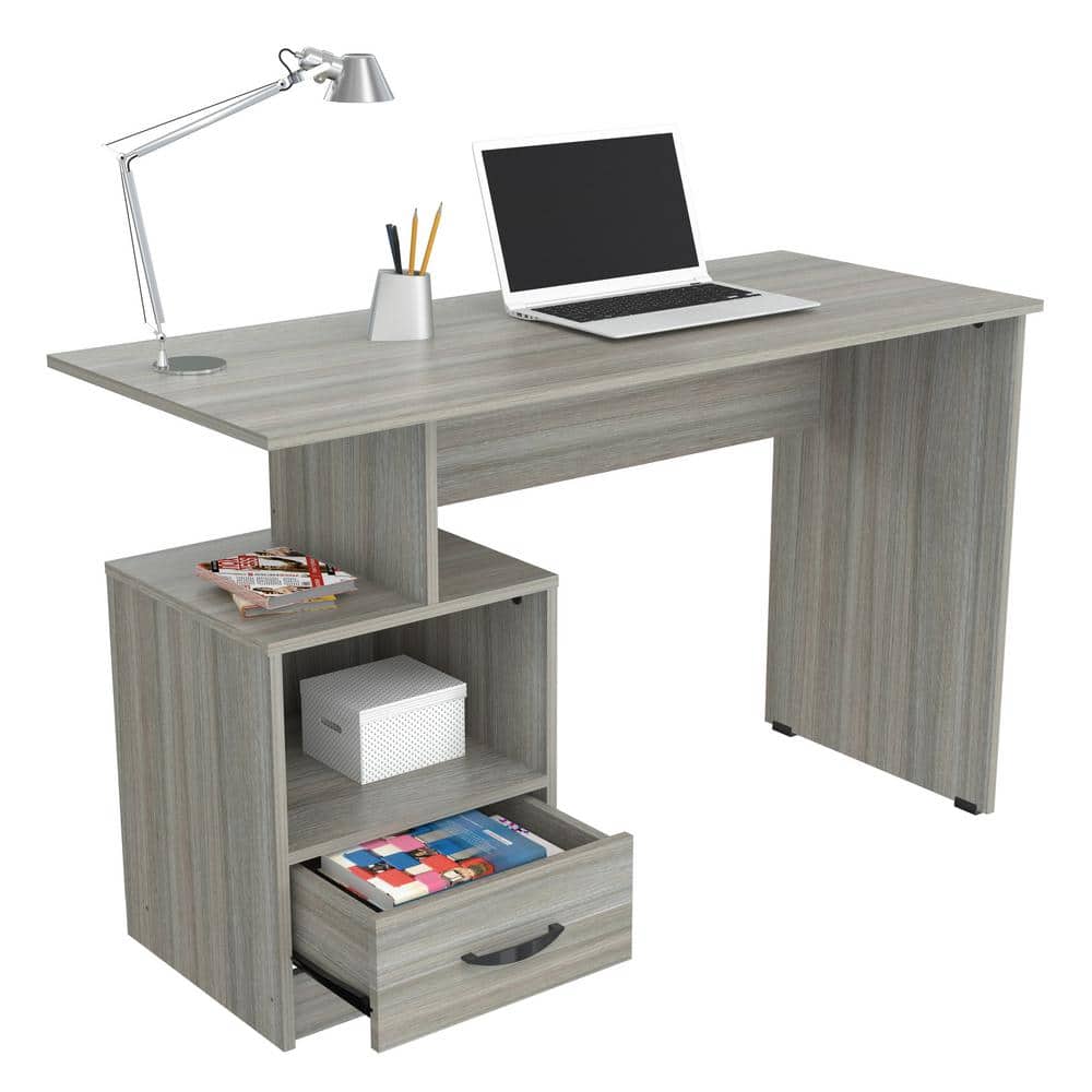 Modern Smoke Oak Writing Desk with Drawer and Open Storage, 47.2 in