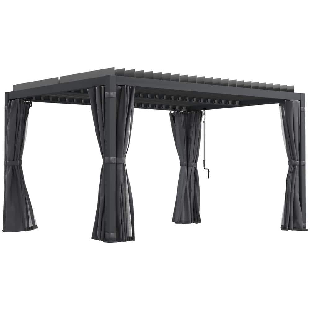 Dark Gray Aluminum Pergola with Adjustable Louvered Roof and Curtains