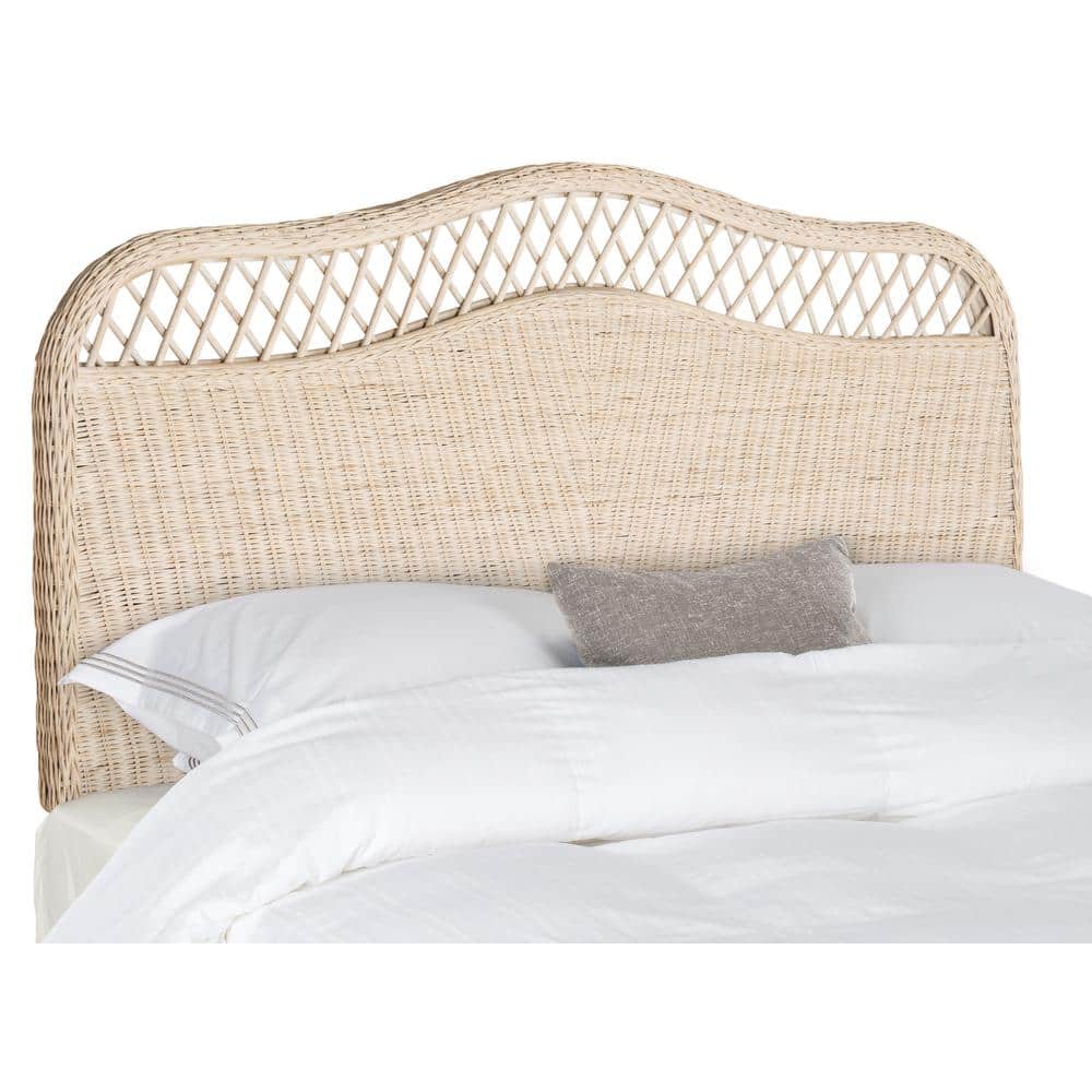 White Washed Queen Wicker Rattan Headboard with Open Trellis