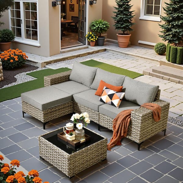 5-Piece Gray Wicker Outdoor Sectional Set Patio Conversation Seating Sofa Set with Dark Gray Cushion for Backyard