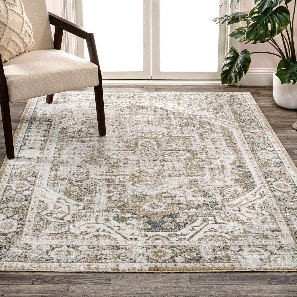 Green and Cream Medallion Washable Synthetic Area Rug, 4' x 6'