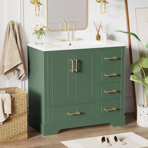 36 in. W Single Sink Freestanding Bath Vanity in Green with White Resin Top and 4 Drawers, Soft Closing Doors