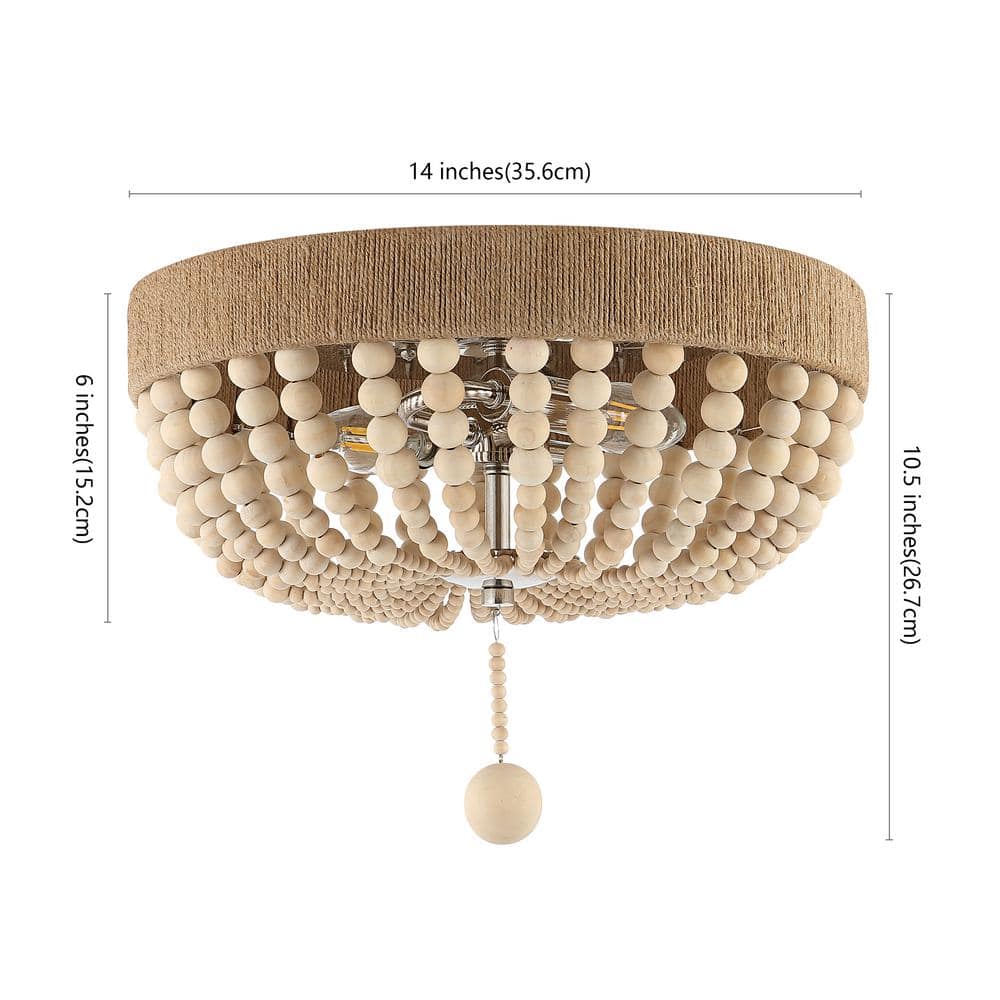 Rustic Farmhouse 14" Chrome Drum LED Flush Mount with Wood Bead Shade