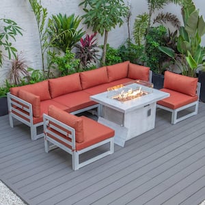 Chelsea Weathered Grey 7-Piece Aluminum Patio Fire Pit Set with Orange Cushions