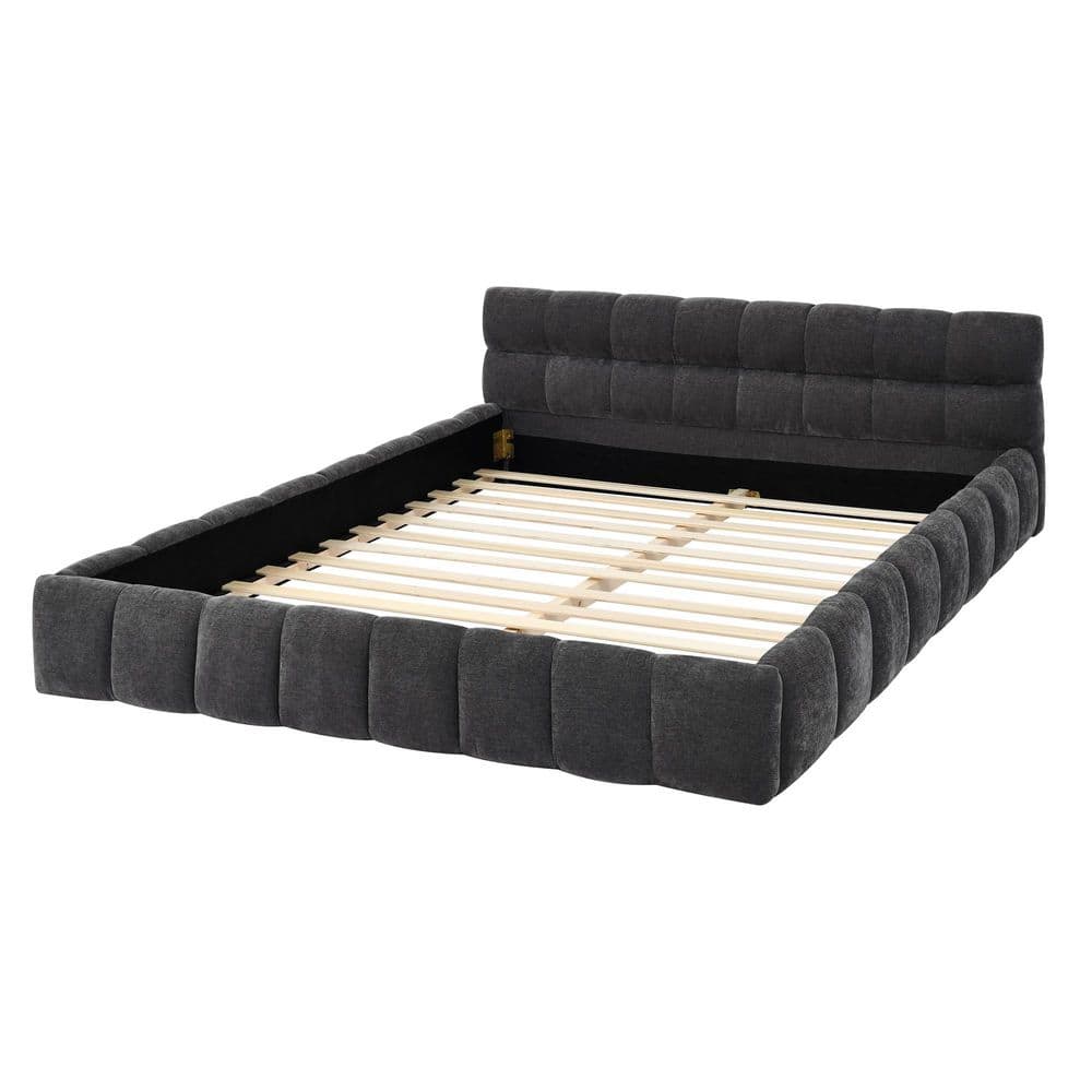 Elfin Beige Wood Frame Queen Size Platform Bed with Chenille Upholstered Headboard - thumbnail 10