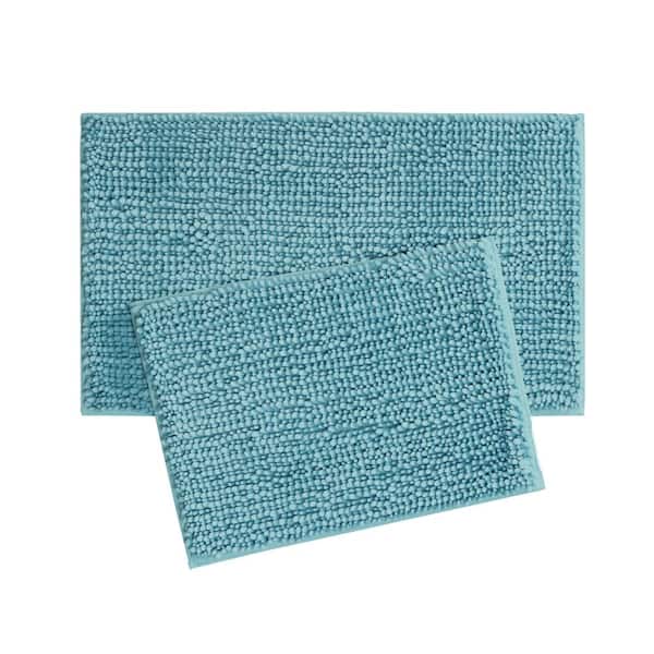 Laura Ashley Butter Chenille Non-Slip Seaspray Blue 20 in. x 34 in. Polyester 2-Piece Bath Mat Set