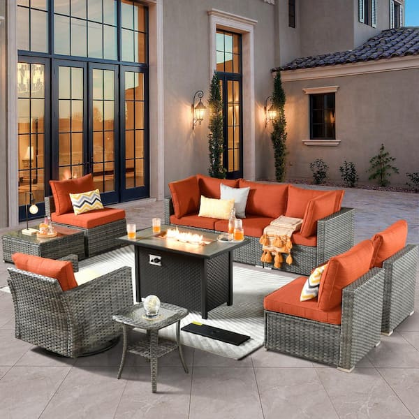 weaxty W Daffodil C Gray 10-Piece Wicker Patio Fire Pit Conversation Sofa Set with Swivel Rocking Chairs and Orange Red Cushions