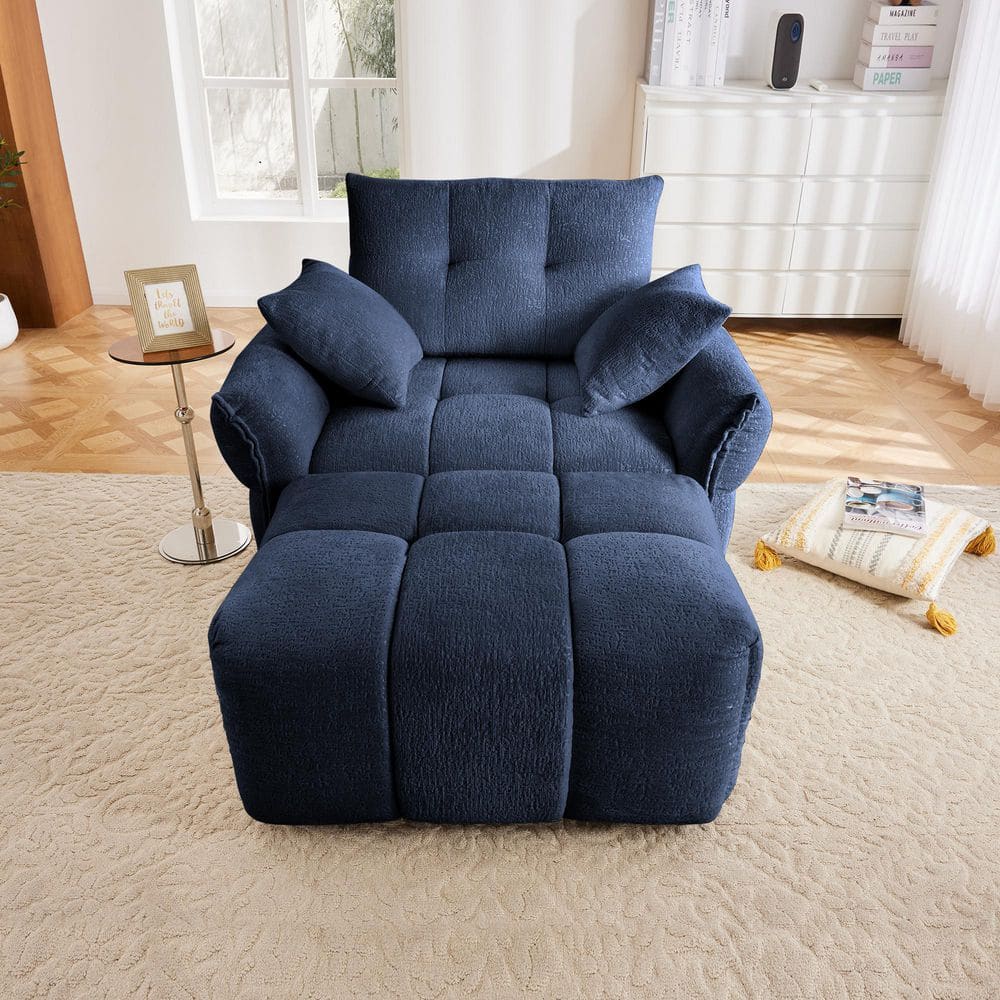 Tina 47.2 in. Flared Arm Chenille Upholstered Rectangle Sectional Sofa in. Blue with Ottoman, Throw Pillows