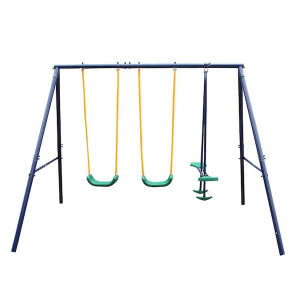 Unbranded Blue and Green Metal Outdoor Swing Set with Glider for Kids, Toddlers, Children