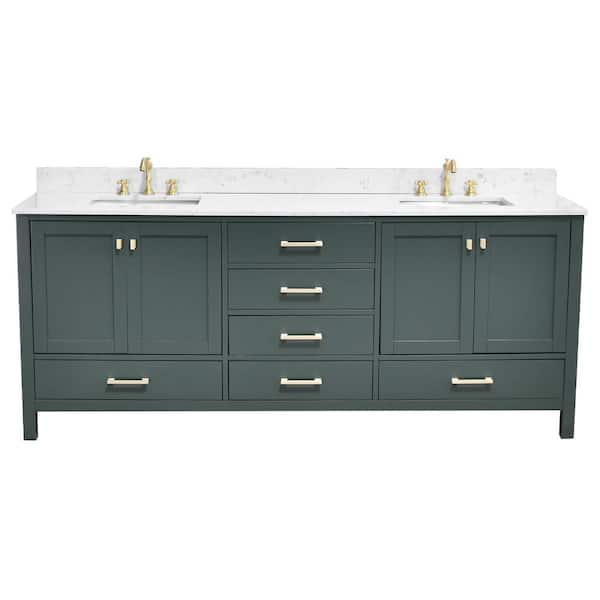 YASINU Bath Mist 84 in. W. Double Sink Freestanding Bath Vanity in Green with White Engineered Top