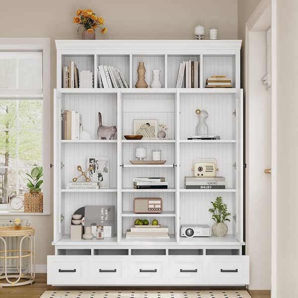 Fidelia 62.40 in. W White Wood Hall Way Hall Tree with Open Cubbies, Drawers and Adjustable Shelves