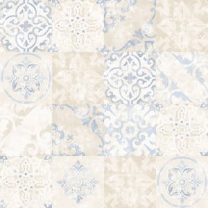 Blue, Beige and Cream Kitchen Recipes Damask Tile Effect Wallpaper