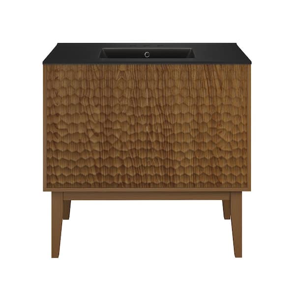 Bosse 36 in. Freestanding Bath Vanity in Brown Oak with Black Ceramic 3-Hole Widespread Sink Top